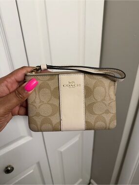 Coach Signature Canvas Wristlet in Beige and Cream with Gold Logo